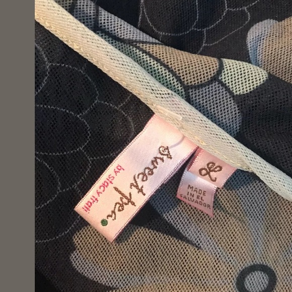 SWEET PEA Stacy Frati Floral Mesh Top Blouse Shirt Gray Tan Scoop Neck Tie Waist - Picture 6 of 8